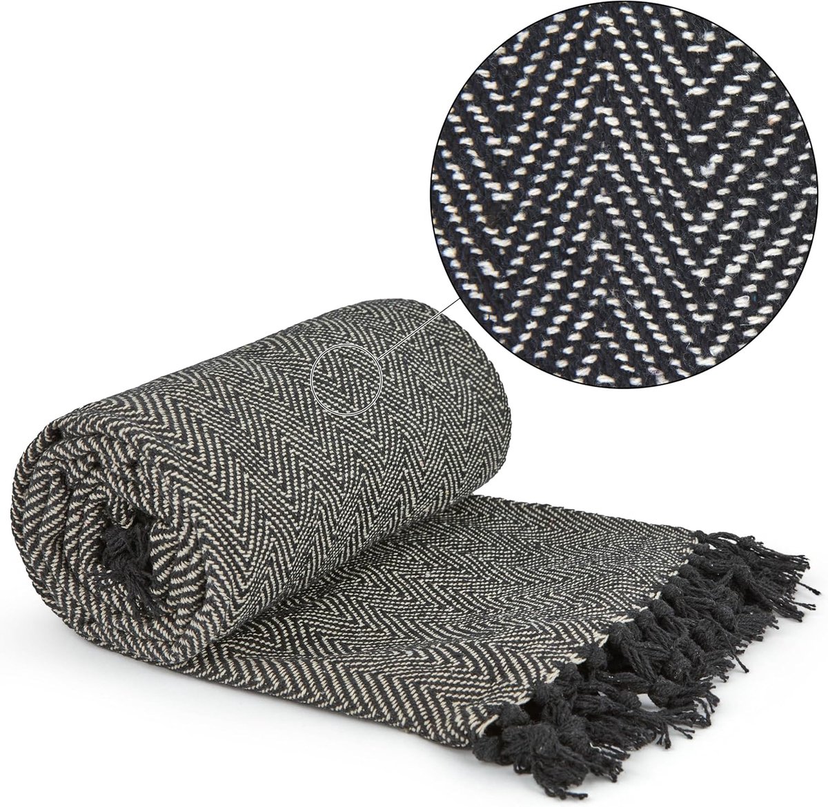 Plaid Visgraat - Sjaal Bank - Woonkamer Decoratie - Gerecycled Katoen - 127x152 cm - Zwart