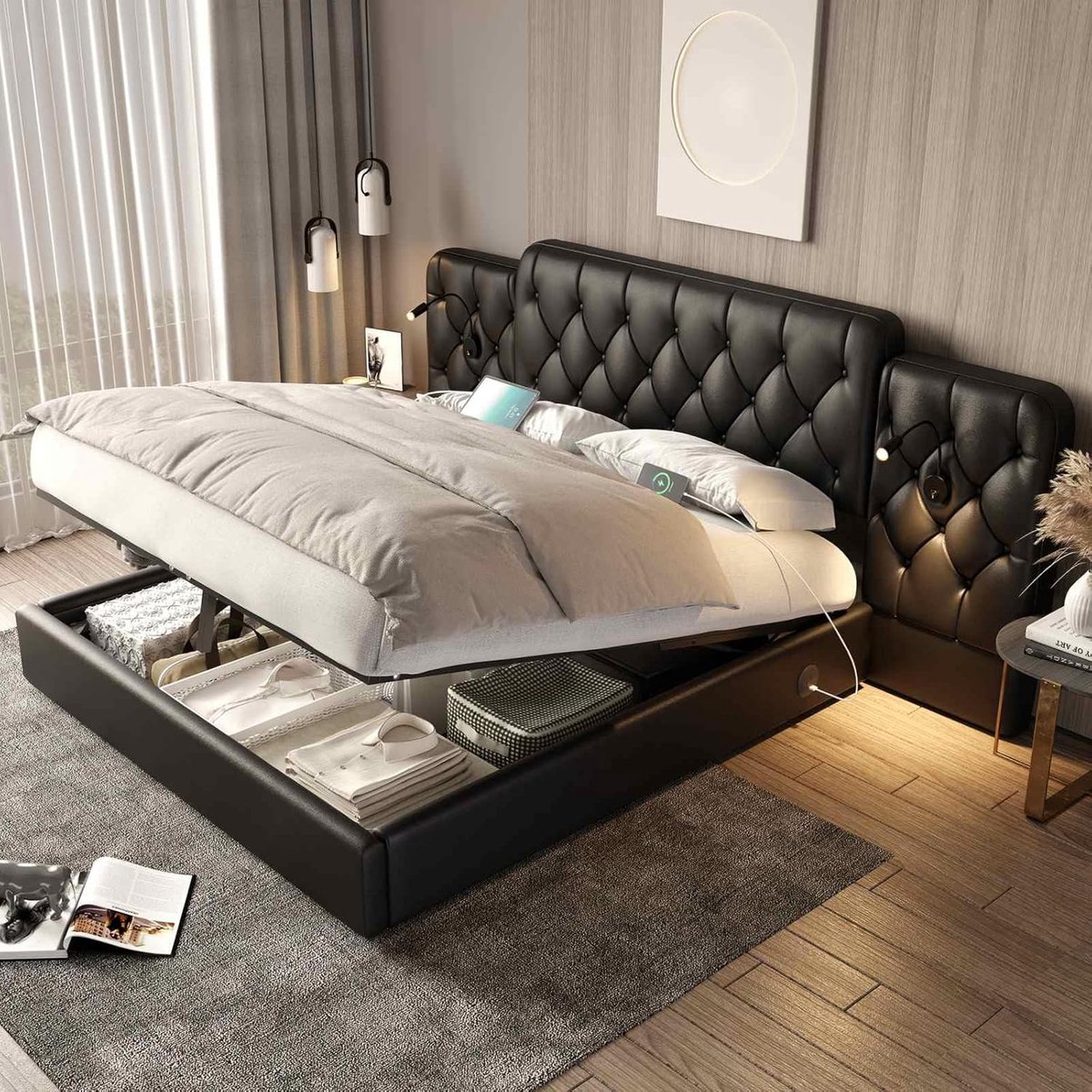 Tweepersoonsbed - Gestoffeerd bed - Opbergen en slapen - Met leeslamp en USB - 180 x 200 c