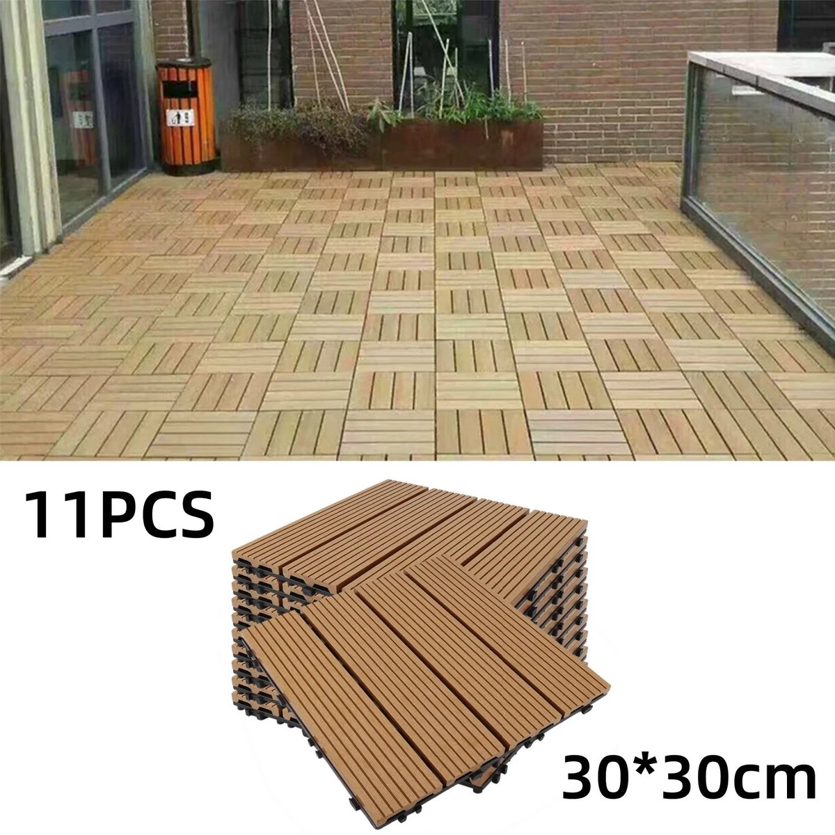 Dailygoods 11 stuks 30 x 30 cm buiten tegels met kliksysteem, houtlook terrastegels, WPC tegels, weerbestendig, buitenvl