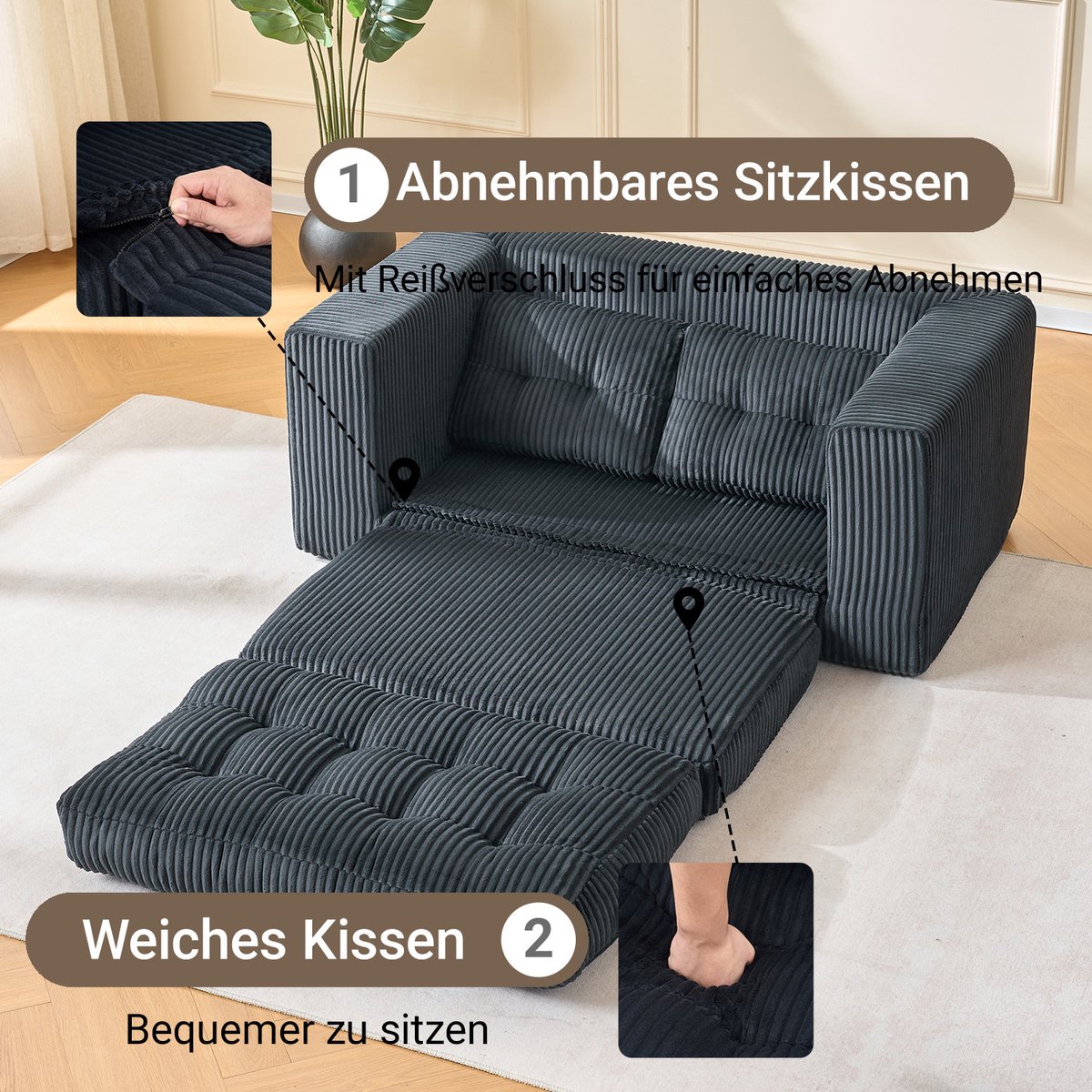 OKWISH Slaapbank 2-Zits - 2-In-1 Uitklapbaar Logeerbed Voor Kleine Ruimtes - Zachte Ribstof - Zwart