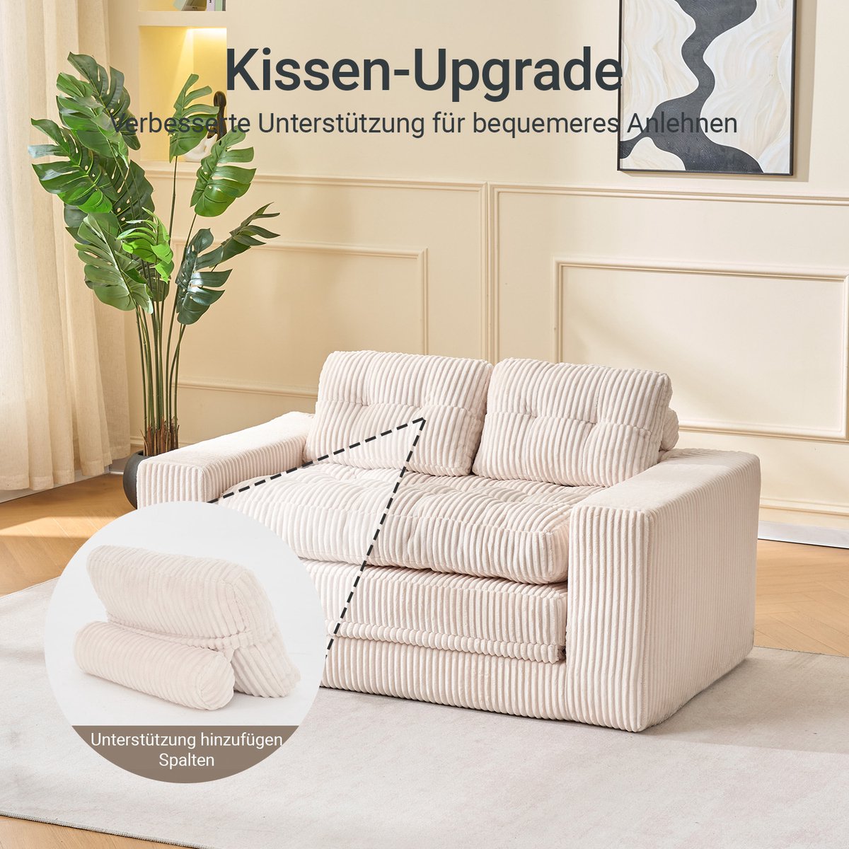 OKWISH Slaapbank 2-Zits - 2-In-1 Uitklapbaar Logeerbed Voor Kleine Ruimtes - Ribstof - Beige