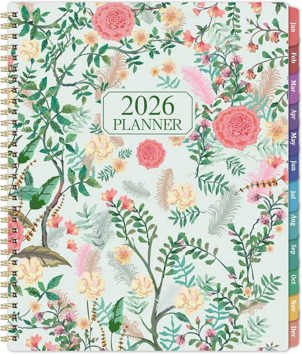 Planner 2025-2026 - Academische planner - Afspraken plannen - Met tabbladen - 9 x 11 inch - Bloemen Roze Groen