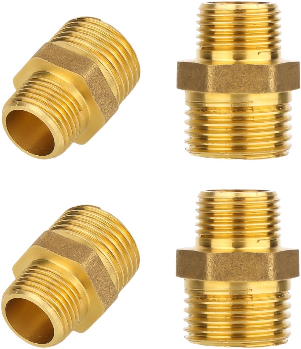 Dailygoods- Verloopnippel Zeskantige Aansluiting - 1/2" NPT x 3/8" NPT - Messing - 4 Stuks - Hogedrukslangaansluiting - Betrouwbare Verbinding - Fitting
