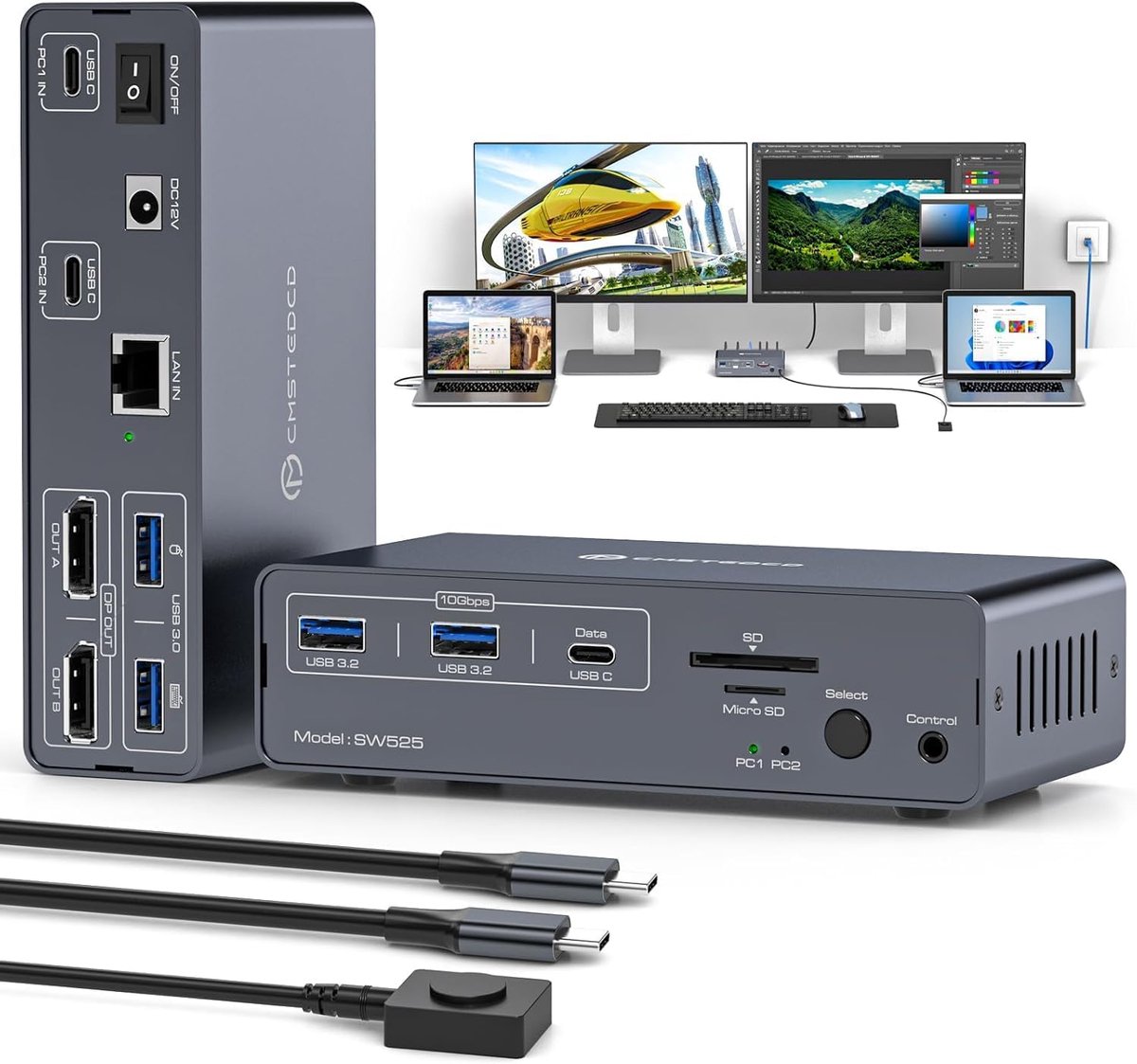 Docking Station - USB C Hub - Dubbele Monitor - 12-in-1 Poorten - 4K @120Hz - Zwart