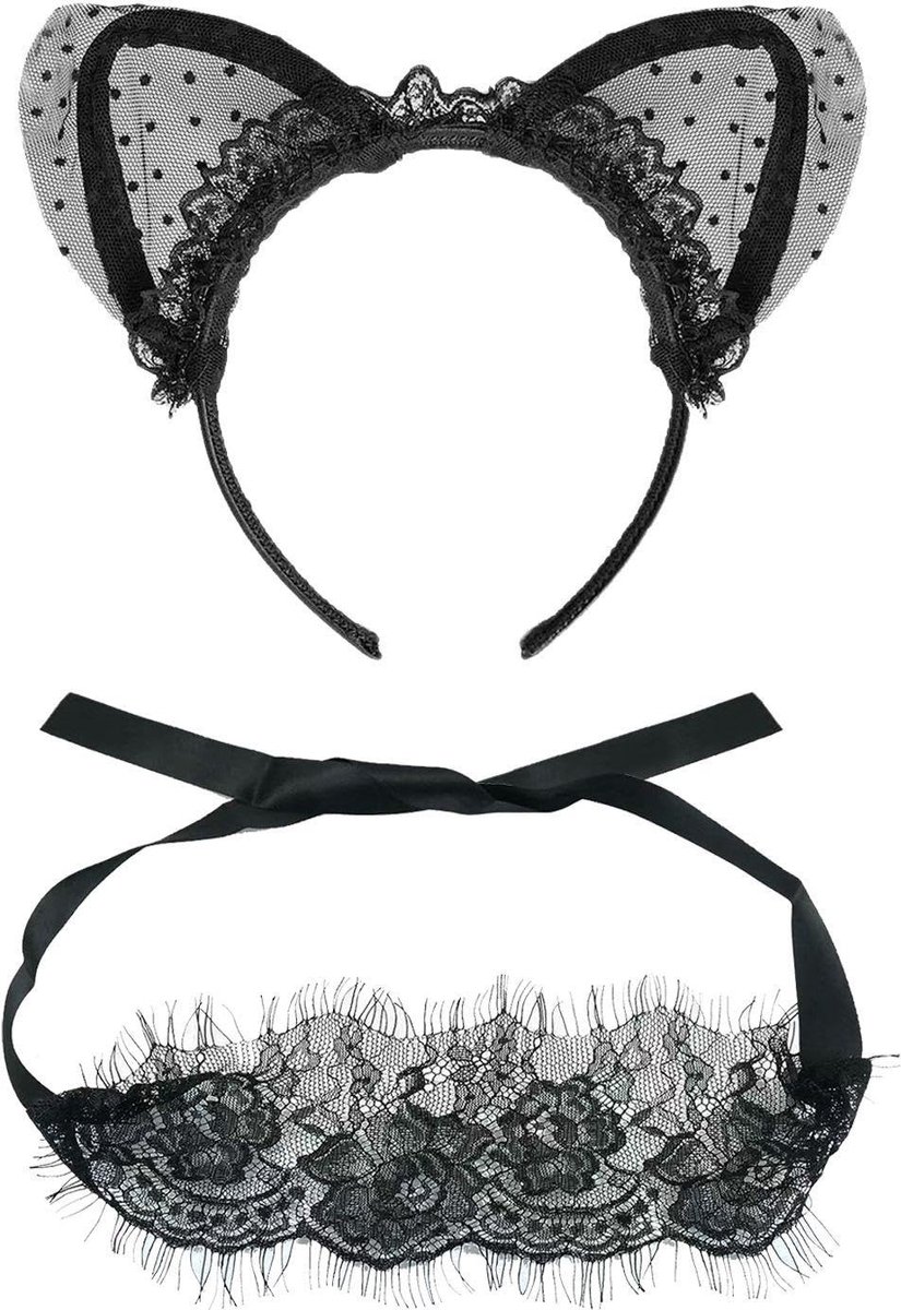 Dailygoods- Hoofdband Kattenoren - Oogmasker van Kant - Feestaccessoires - Dameshoofdband - Comfortabel - 17 x 12 cm
