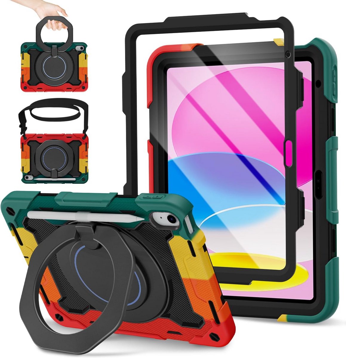 iPad Hoes - Tablet Beschermhoes - Kinderen Onderweg - 360° Draaibare Standaard - 11/10.9 inch - Zwart-Rood