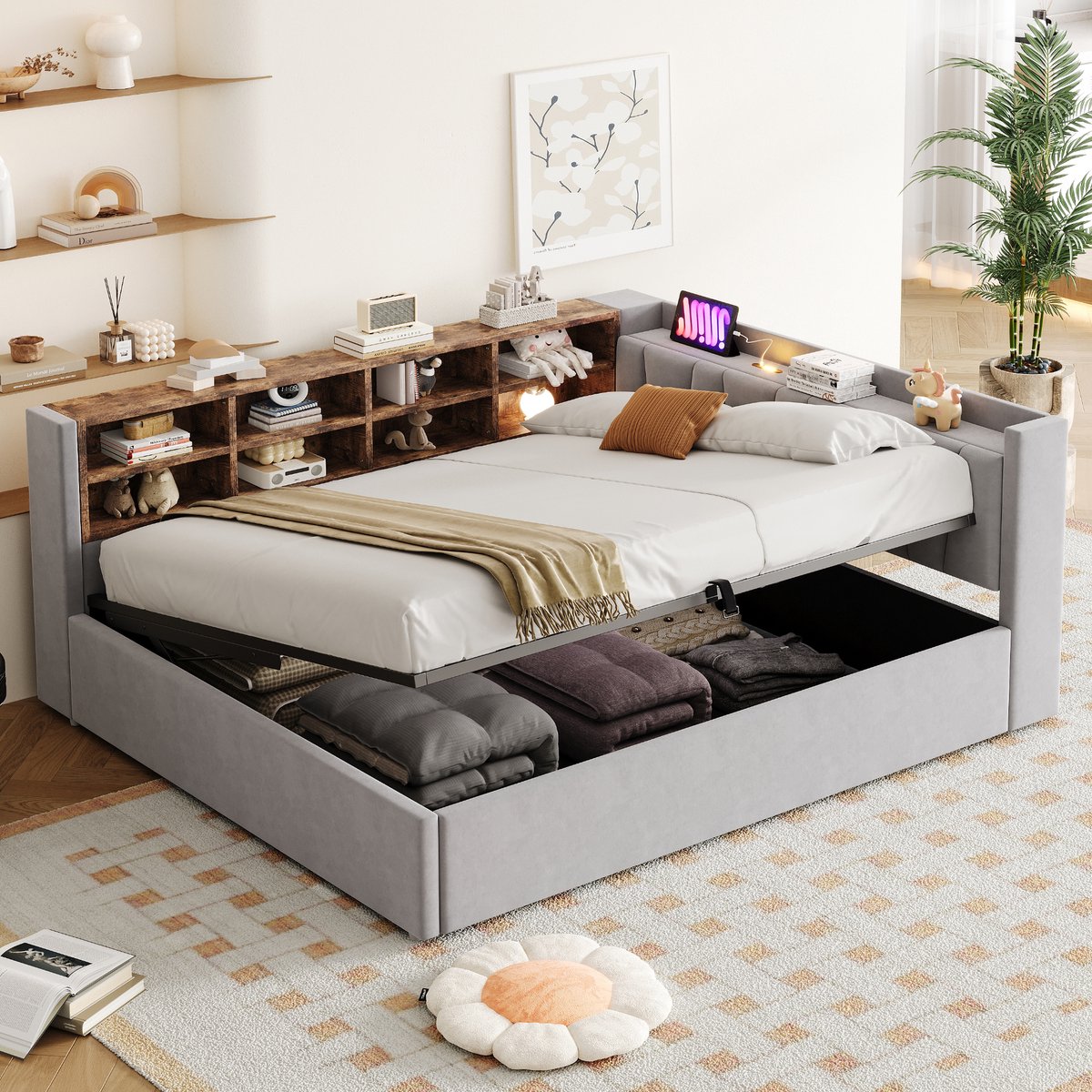 DESMIU Gestoffeerd Bed 140x200 cm – Slaapbank Met Nachtlamp En USB-Oplaadpunten – Hydraulische Opbergruimte En Vakken – Voor Slaapkamer – Fluweel – Lichtgrijs – Zonder Matras