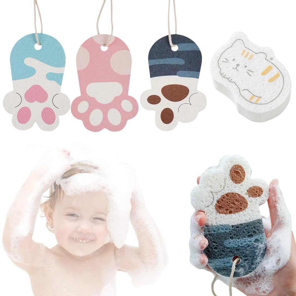 Dailygoods- Badspons 4 Stuks - Natuurlijke Zachte Spons - Hydrofiele Spons - Schattige Vormen - Geschikt voor Baby's - Veilig en Milieuvriendelijk