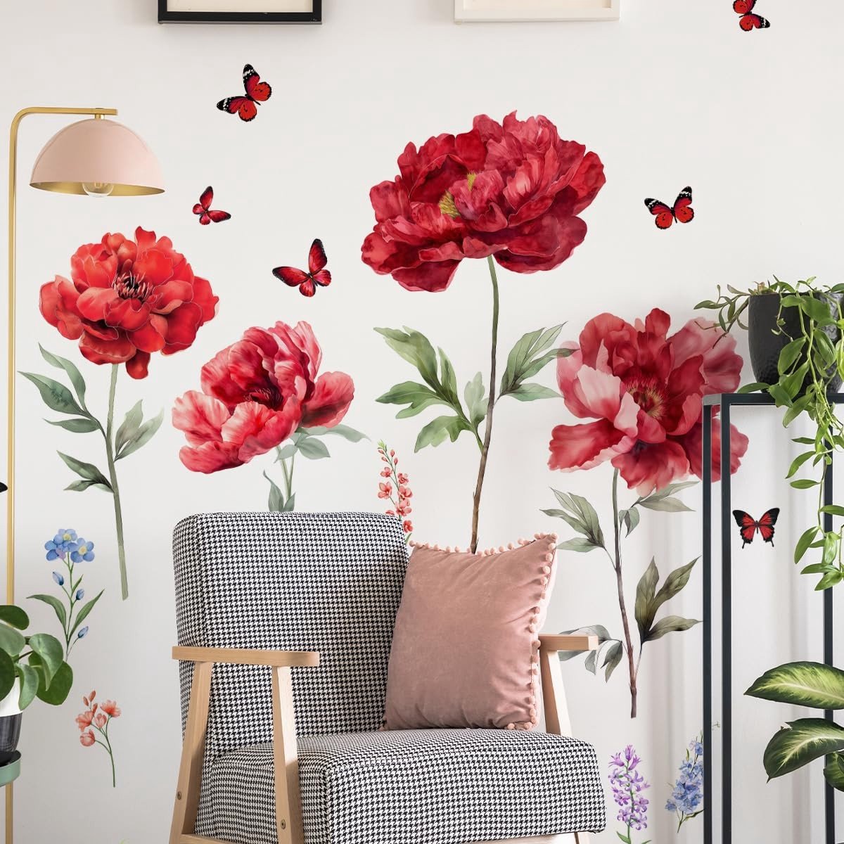 Dailygoods- Muursticker Grote Rode Bloemen - Wanddecoratie Slaapkamer - Wanddecoratie Woonkamer - Muurstickers Kantoor - Zelfklevend - Verwijderbaar