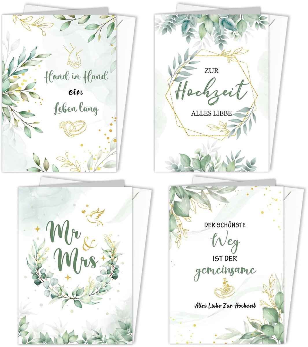Dailygoods- Bruiloftskaarten Set van 4 - Eucalyptus Design - Wenskaarten zonder tekst - Huwelijkscadeaukaarten - Hoge kwaliteit - 185 x 130 mm