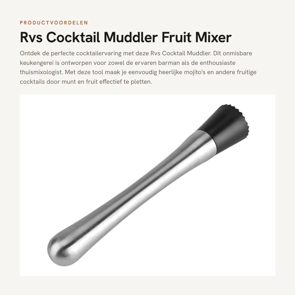 Dailygoods- Cocktail Muddler RVS - Barman Tool - Fruit Mixer - Munt Crushen - Mojito's - Lichtgewicht Ontwerp - Mixing Tool