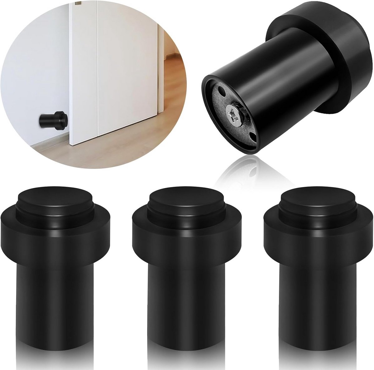 Deurstoppers Zwart - Vloer Stopper - Muren Beschermen - Dubbele Rubberen Buffer - 4 Stuks 60mm - Zwart