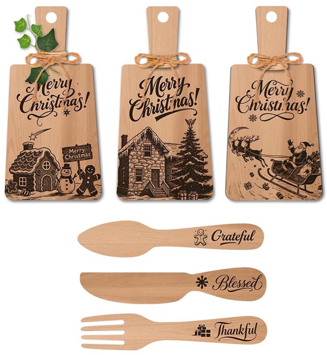 Dailygoods- Snijplank Set 6 Stuks - Houten Wanddecoratie - Eetbord Decoratie - Kerstthema - Brede Toepassingen - 280mm x 140mm