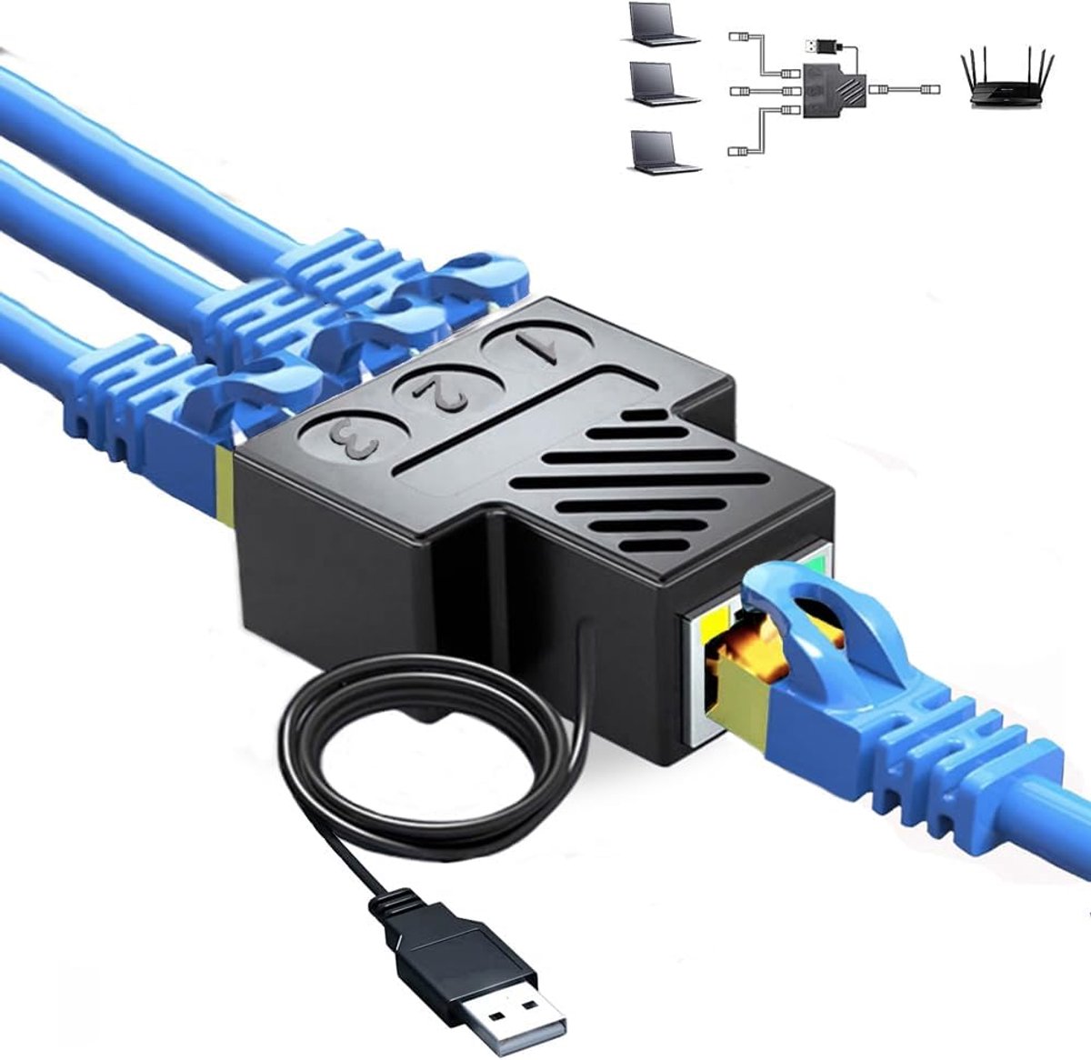 Netwerk Splitter - Ethernet Adapter - Meerdere Apparaten - Gelijktijdige Internettoegang - 1 tot 3 Poorten - Zwart