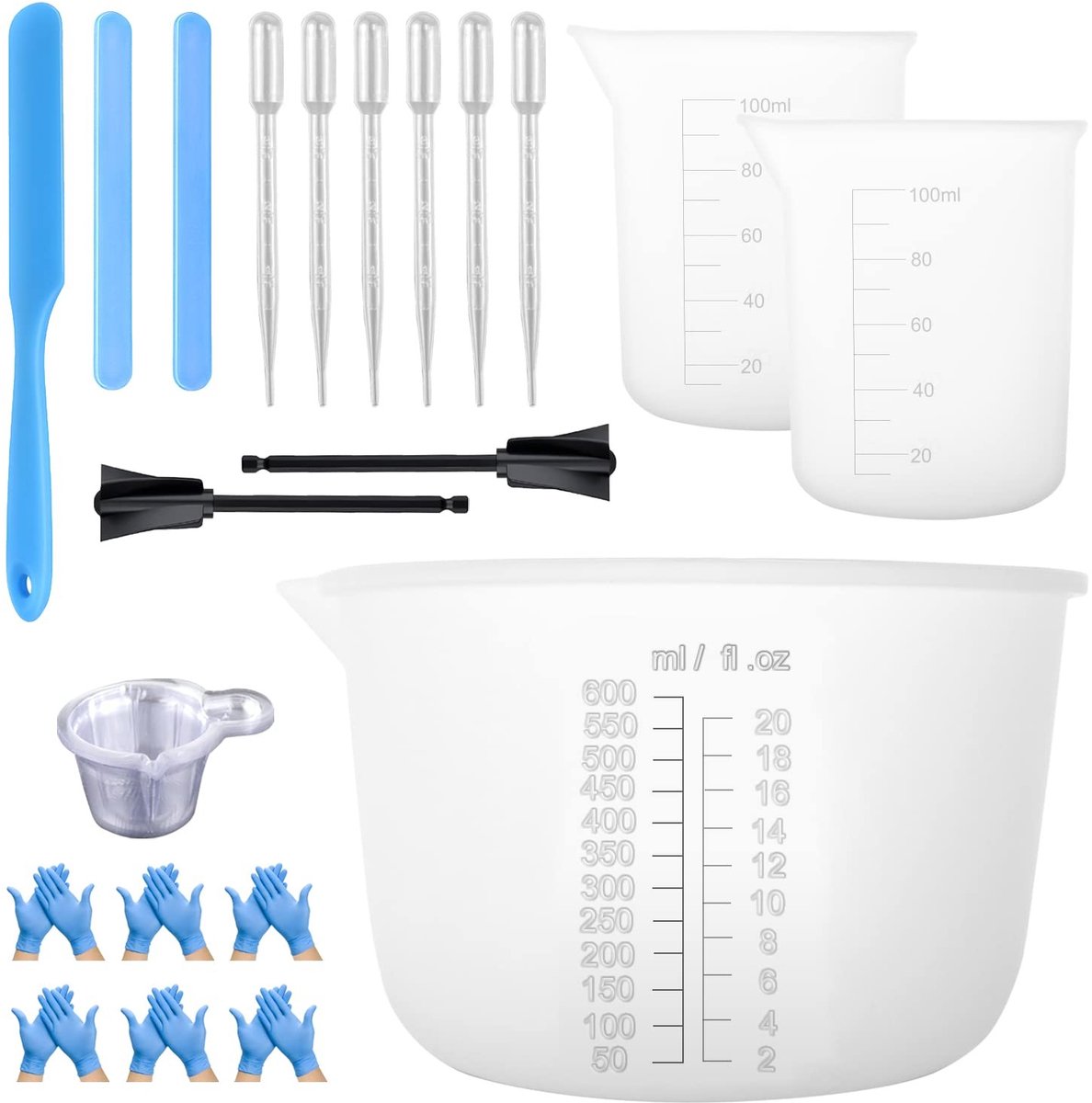Dailygoods- Maatbekerset 600 ml - Siliconen Mengbeker - Mini-Maatbekers 100 ml - Antiaanbaklaag - Flexibel - Inclusief Pipetten