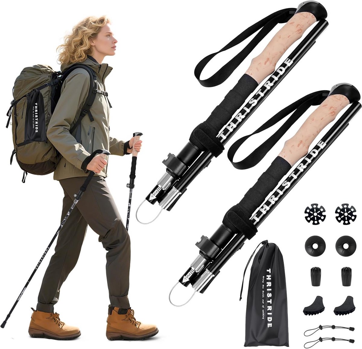 Trekkingstokken - Wandelstokken Opvouwbaar - Buiten Wandelen - Vliegtuigkwaliteit Aluminium - 110-125 cm - Zwart
