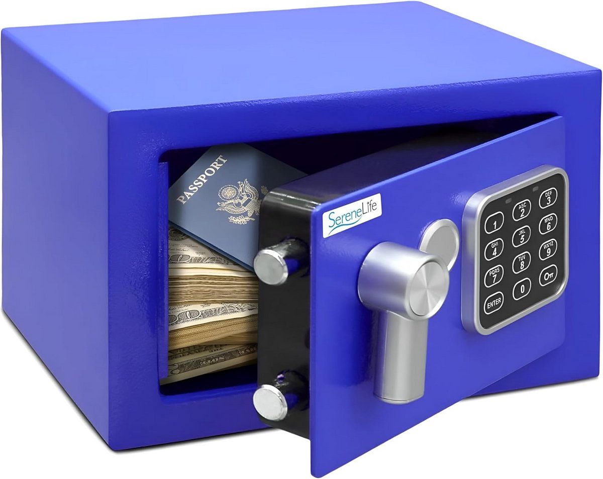 Digitale Kluis - Kleine kluis - Waardevolle spullen - Elektronisch en sleutel - 23 x 17 x 17 cm - Blauw