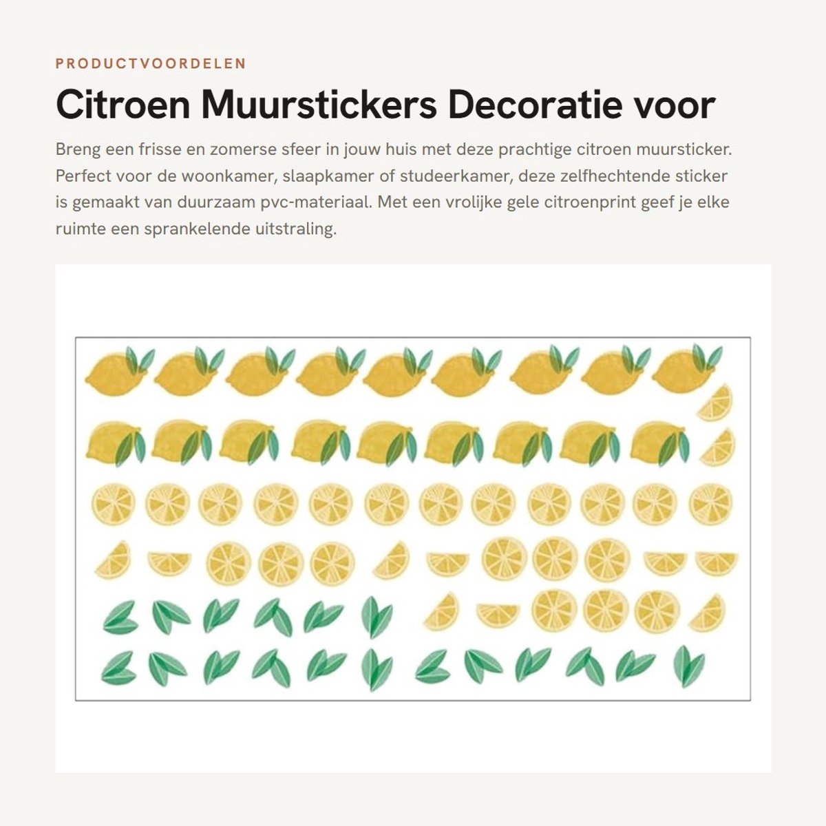 Dailygoods- Muursticker Gele Citroenprint - Wanddecoratie Slaapkamer - Wanddecoratie Woonkamer - Zelfhechtend - PVC Materiaal - Duurzaam en Praktisch