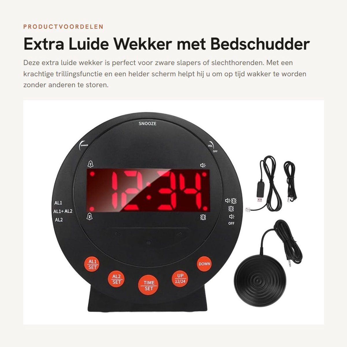 Dailygoods- Wekker Extra Luide - Trillende Wekker - Digitale Wekker - USB Oplader - 3,74" Scherm - Bedschudder met Sterke Trilling - Trillingswekker