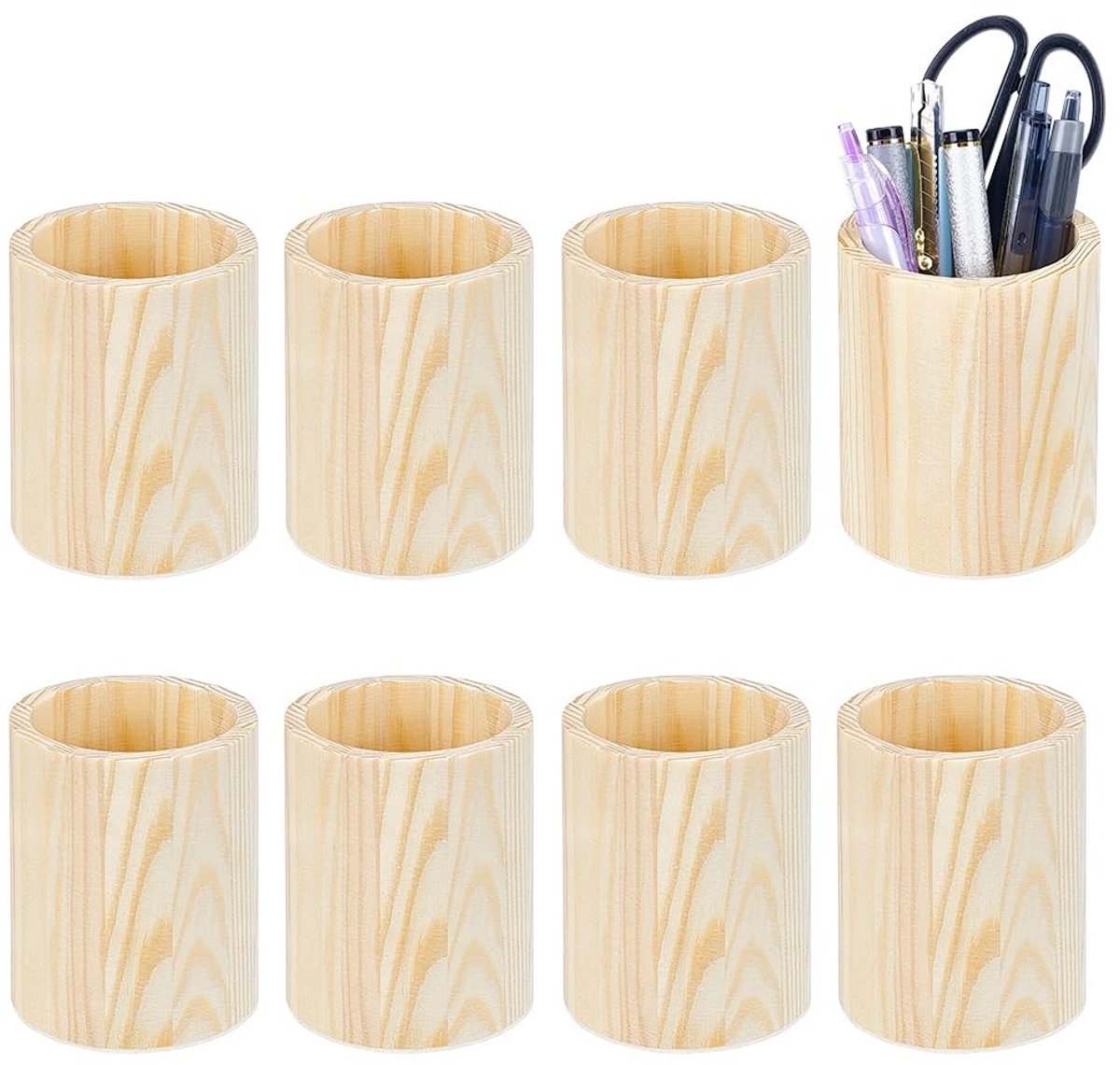 Dailygoods- Potloodhouder Houten - Bureau Organizer - Pennenhouder - Multifunctioneel Gebruik - 8 Stuks - Diameter 8,1 cm - Hoogte 10,5 cm