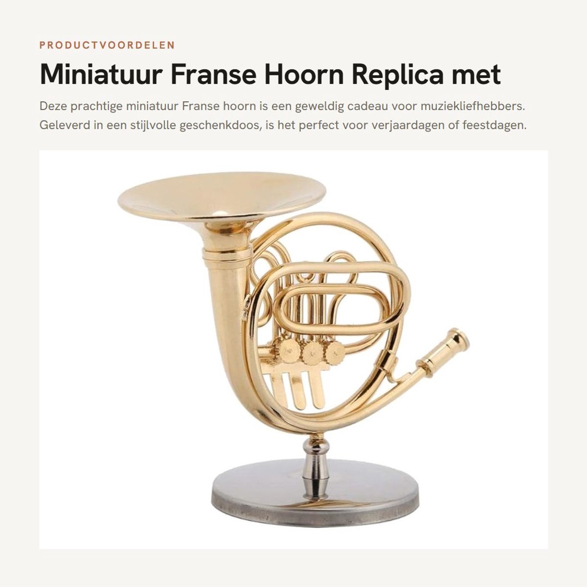 Dailygoods- Franse Hoorn Replica - Miniatuur Ornament - Messing met Vergulding - Geschenkdoos - Ideaal Cadeau - Afmetingen 8x4,3x7,2 cm - Miniatuur Instrument