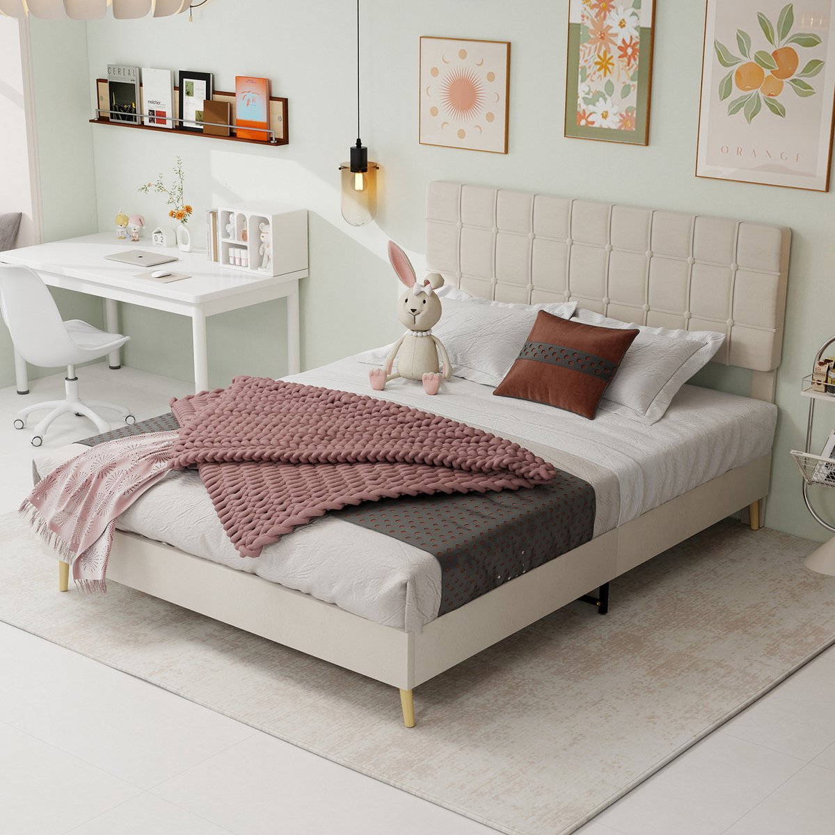 DESMIU Gestoffeerd Bed 160cm x 200cm Zonder Matras – Slaapbed Met Geknoopte Hoofdbord – Stevig Bedframe Met Opbergruimte Onder Het Bed – Voor Hoofdslaapkamer En Logeerkamer – Fluweel – Beige