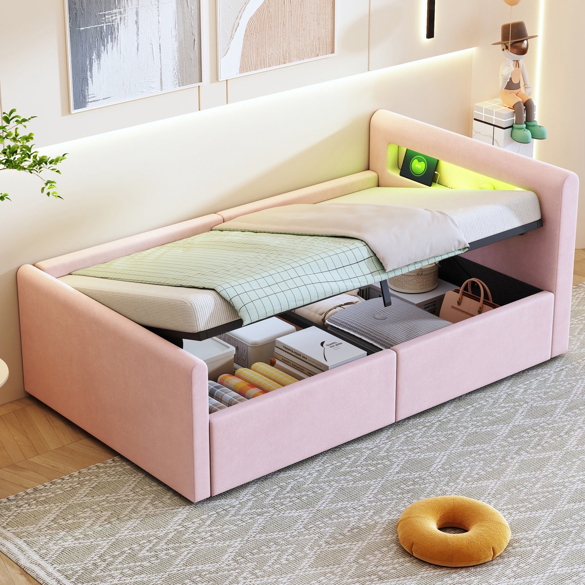 DESMIU Gestoffeerd Kinderbed 90x200cm - Kinderbed Met Led Verlichting, Nachtlamp En Oplaadpoort - Verplaatsbare Opbergruimte - Voor Jongens En Meisjes - Fluweel - Roze - Zonder Matras