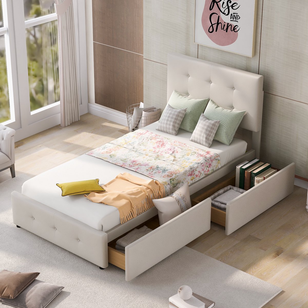 DESMIU Gestoffeerd Bed 90 x 200 cm – Klassiek Eenpersoonsbed met Lades – Sterk Bedframe met Lattenbodem – Voor Kinderkamer, Jeugdkamer en Logeerkamer – Fluweel – Beige – Zonder Matras