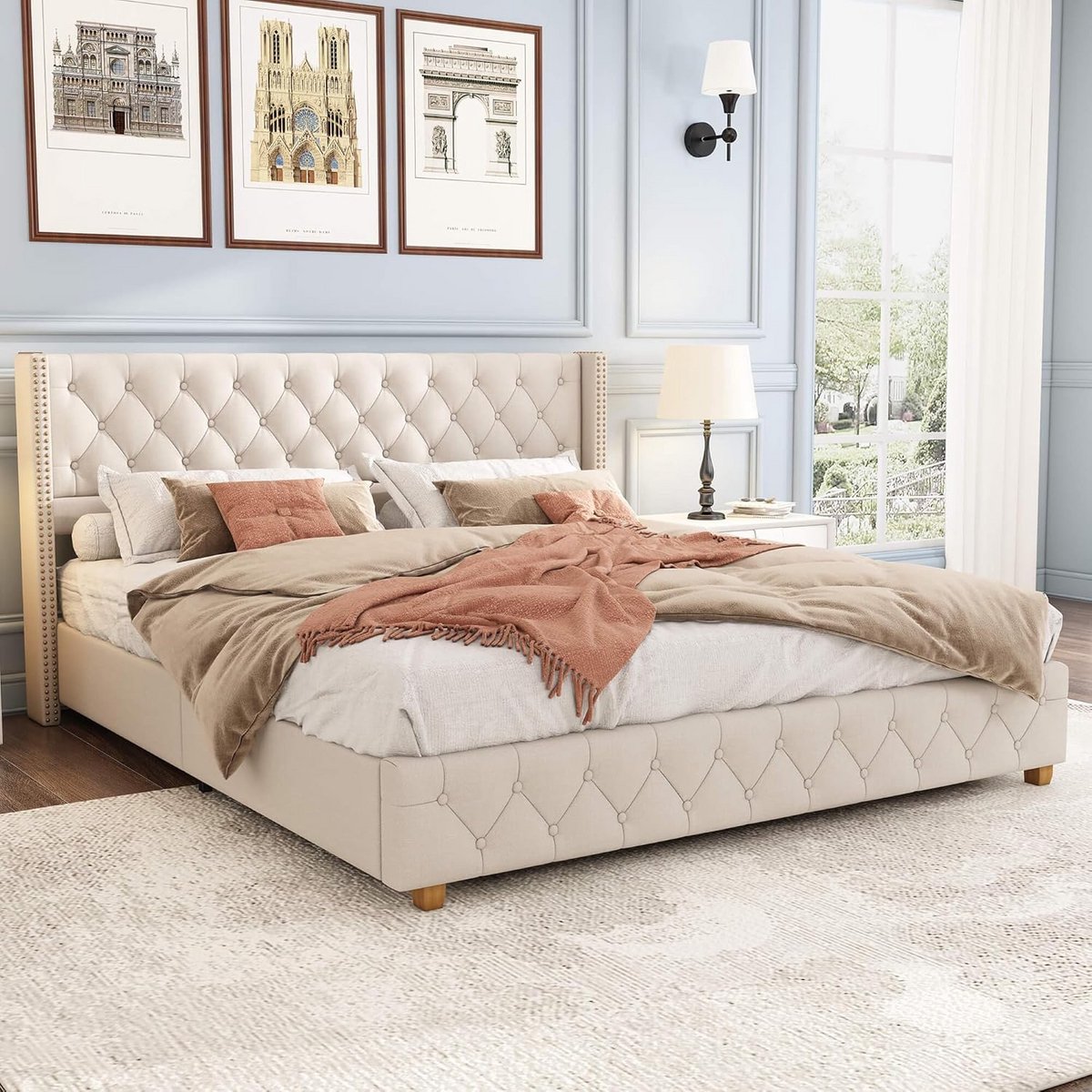 Gestoffeerd Bed - Tweepersoonsbed Linnen - Slaapkamer Inrichten - Gevoerd Hoofdeinde - 180