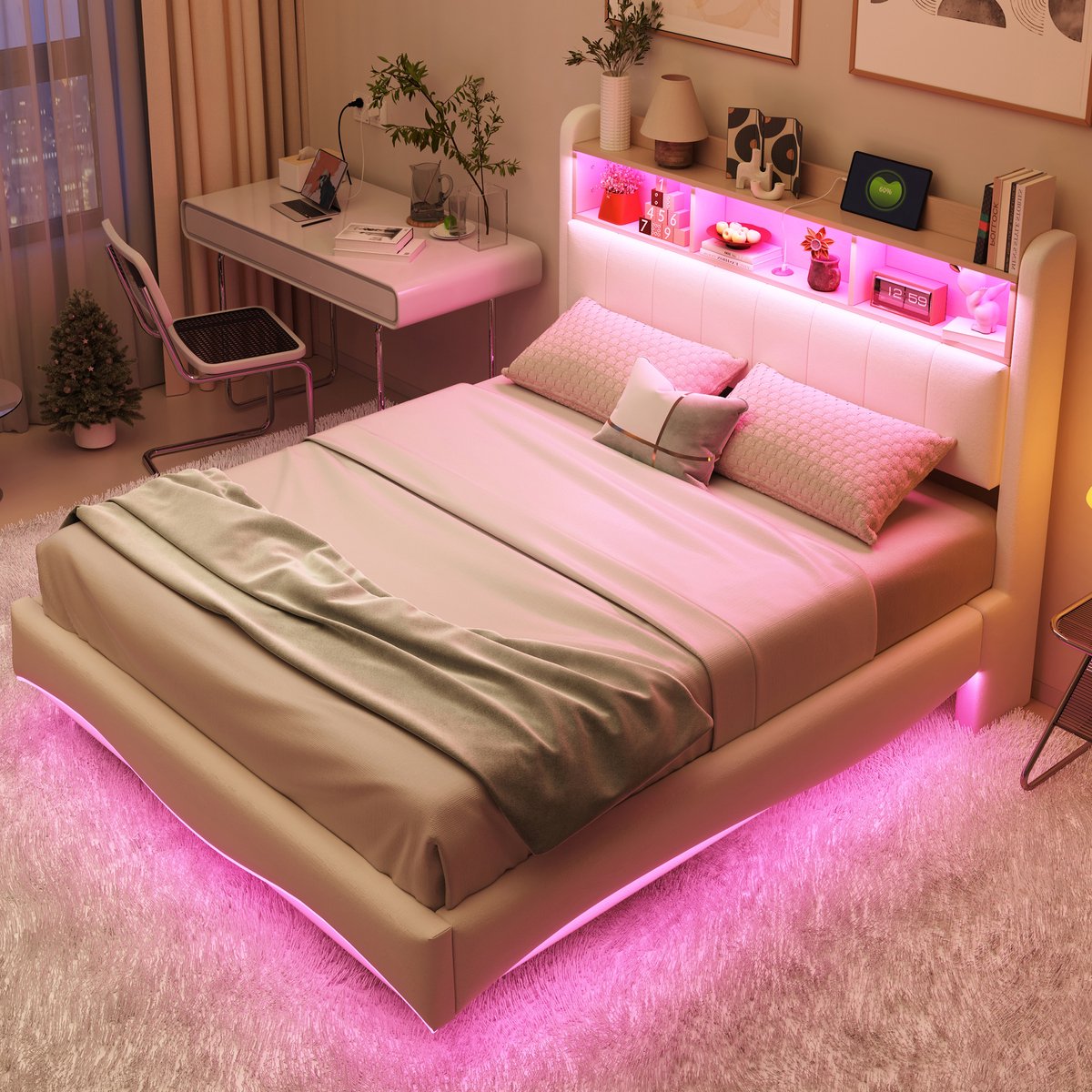 DESMIU Gestoffeerd Bed 140x200cm – Zwevend Bed Met Ledverlichting, Usb En Type C Oplaadfunctie – Hoofdbord Met Opbergruimte – Modern Slaapkamerbed – Stof En Metaal – Beige