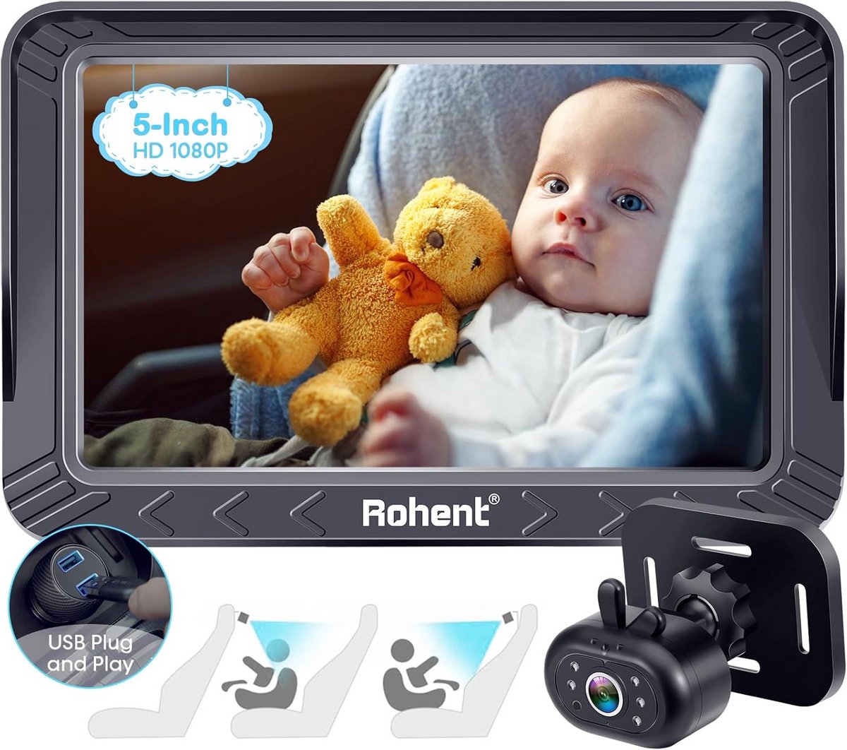 Baby Autocamera - Baby Monitor - Veilig Reizen - Automatisch Nachtzicht - 5 Inch HD - Zwart