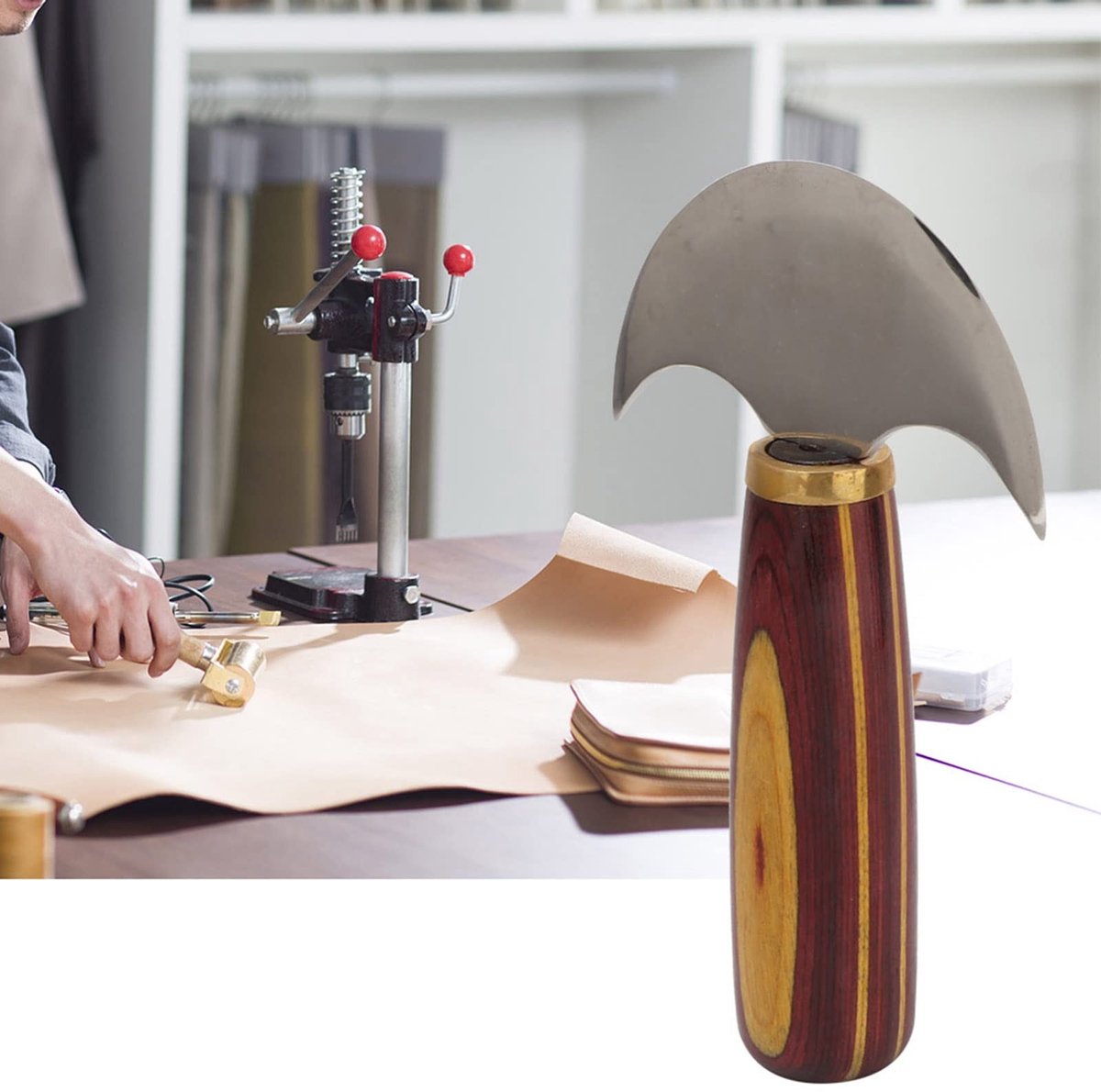 Dailygoods- Rundkopfmesser met Houten Handvat - Leerbewerking Mes - Snijmes - Trimmesser - Scherp Staal - Handgereedschap
