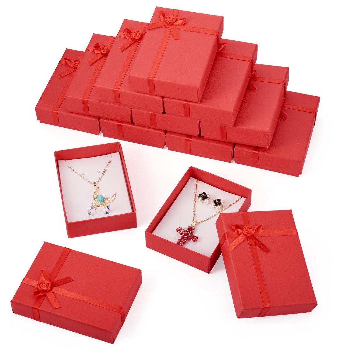 Dailygoods- Sieraden Doos 12 Stuks - Kartonnen Dozen - Geschenkdozen - Opbergdozen - Rood - Met Strik en Spons