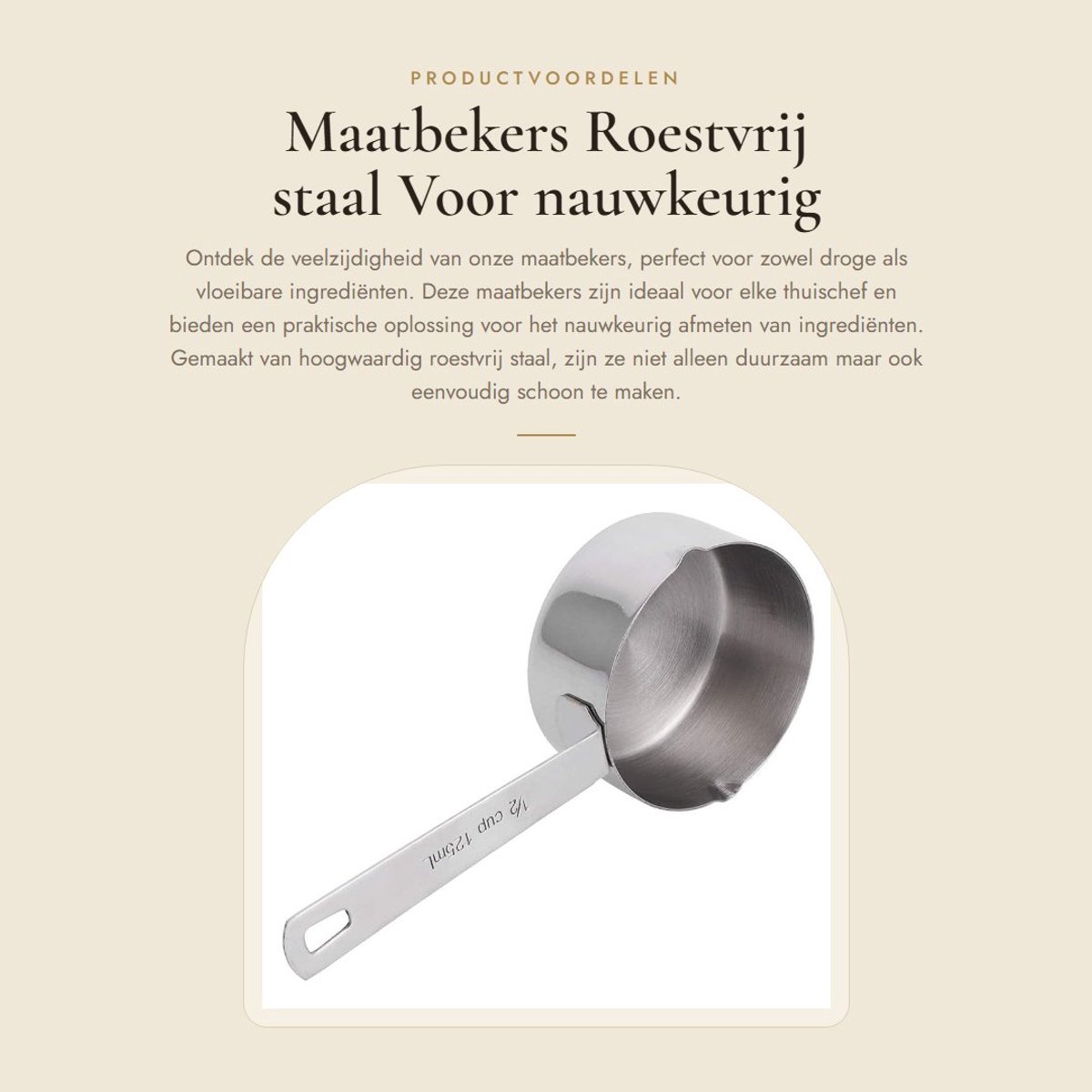Dailygoods- Maatbekers Roestvrij Staal - Maatlepels - Keuken - 1/2 Cup - 125ml - Voor Droge/Vloeibare Ingrediënten - Maatbeker