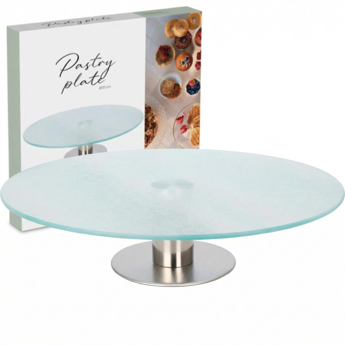 Dailygoods- Taartplateau Ø 30 cm - Draaibaar - Roestvrijstalen Voet - Elegante Taartplaat - Glasdikte 4 mm - Ideaal voor Buffet en Brunch - Serveerplank