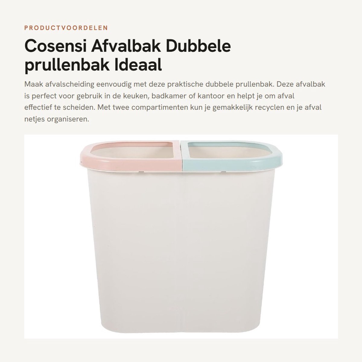 Dailygoods- Afvalbak 2 Compartimenten - Afvalbakje Aanrecht - Afvalbak Keuken - Afvalzakken - Afvalbak met Deksel - Plastic, 25,5 x 23,5 x 14,5 cm - Afvalscheidingsbak