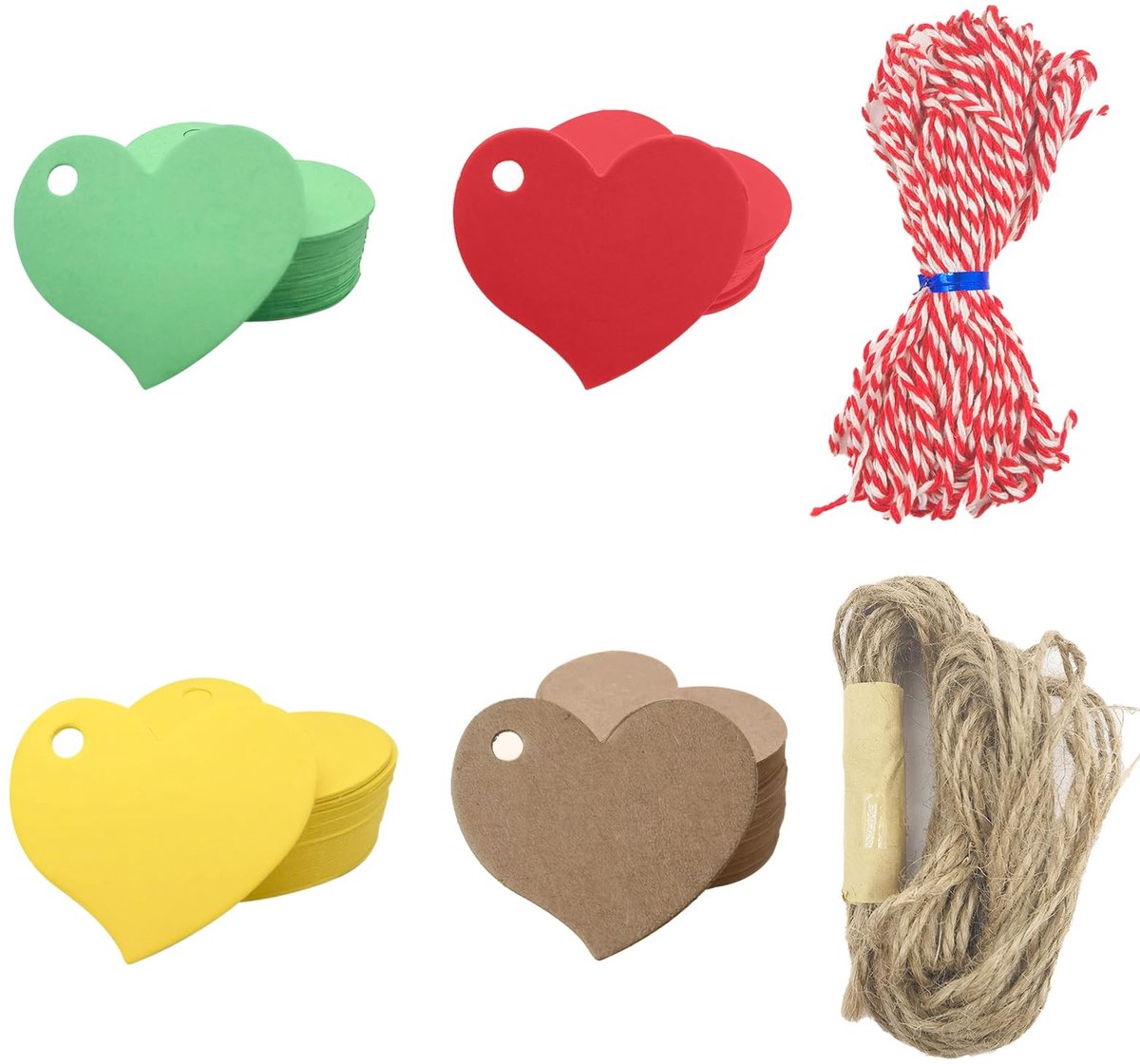 Dailygoods- Hartvormige Etiketten 200 Stuks - Kraftpapier - Cadeaulabels - Kleurrijk - 4,5 x 4 cm - Inclusief 20 Meter Touw