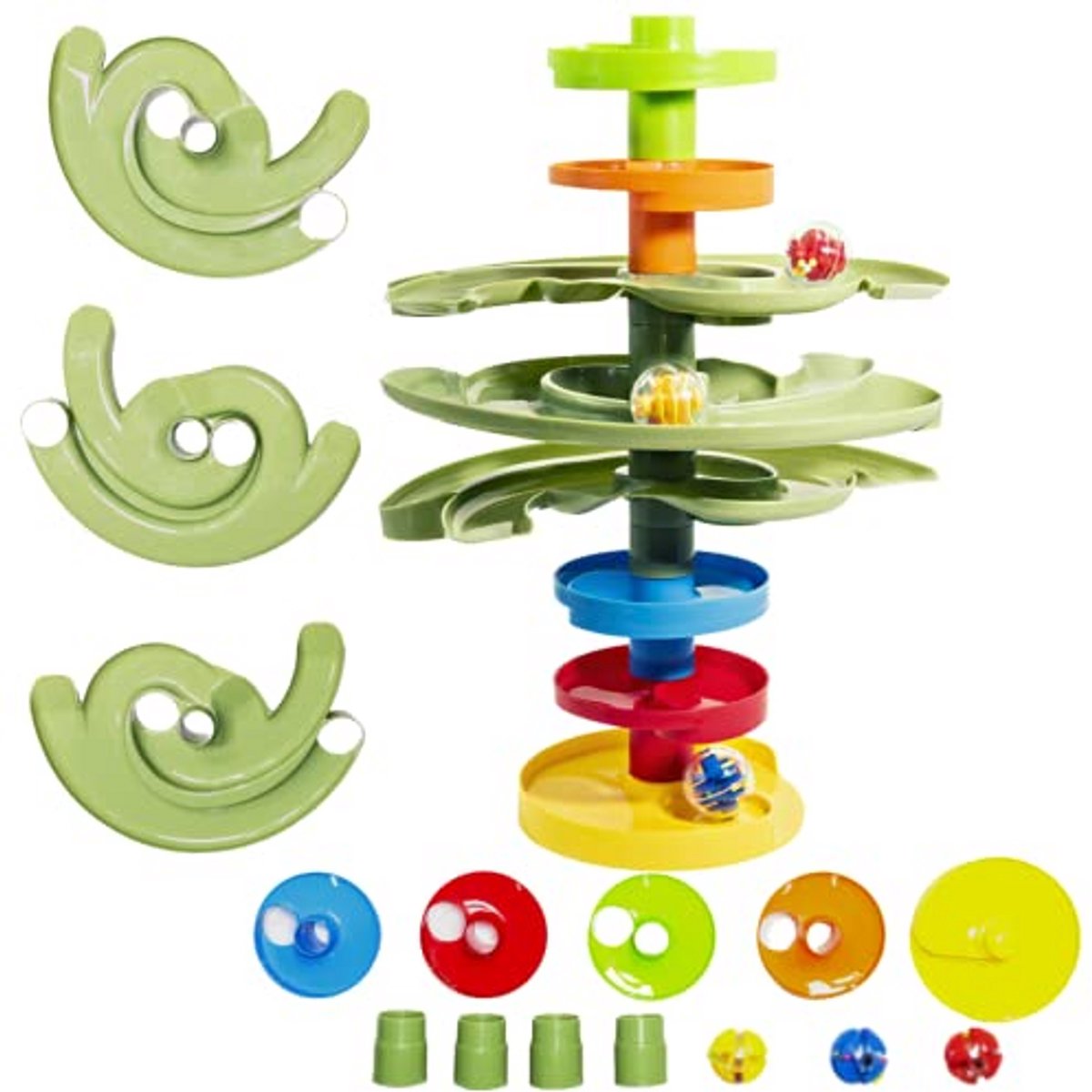 Ball Drop Spel - Knikkerbaan Torens - Educatief Spel - Dubbele Richting - 28 Delen - Groen Geel