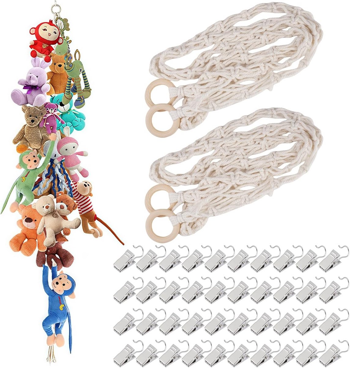 Opbergtouw Met Clips - Knuffel Hangmat - Speelgoed Organiseren - Dubbele Ophangmethode - 2 Meter Lang - Beige