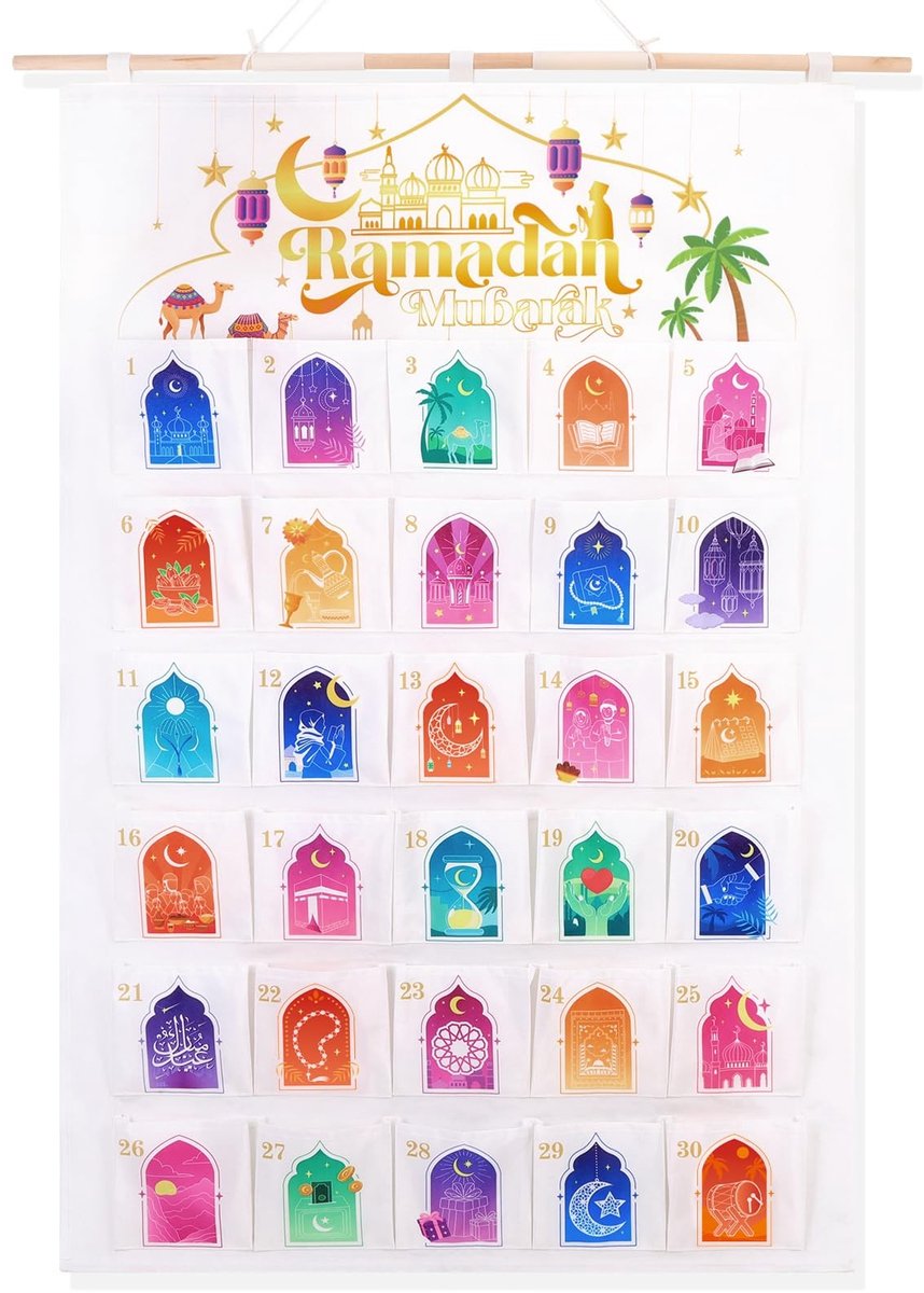 Dailygoods- Ramadan-kalender 2026 - Wandkalender van stof - Herbruikbare kalender - 30 vakken - Decoratie - Inclusief houten stok en koord - Adventskalender