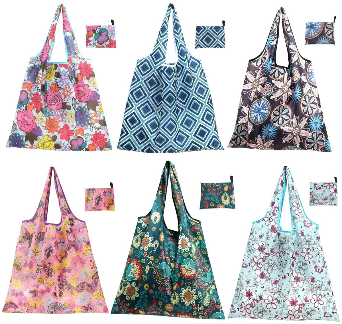Dailygoods- Shopping Tas Herbruikbaar - Opvouwbaar - Elegant Vintage Stijl - Geschikt voor Dagelijks Gebruik - Gemakkelijk te Reinigen - Set van 6 Stuks - Boodschappentas