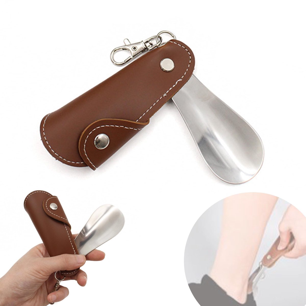 Dailygoods- Schoenlepel Lang - Draagbare Schoenlepel van Roestvrij Staal - Ergonomische Vorm - Sleutelhanger - Geschikt voor Alle Leeftijd - Intrekbaar - Schoenaantrekker