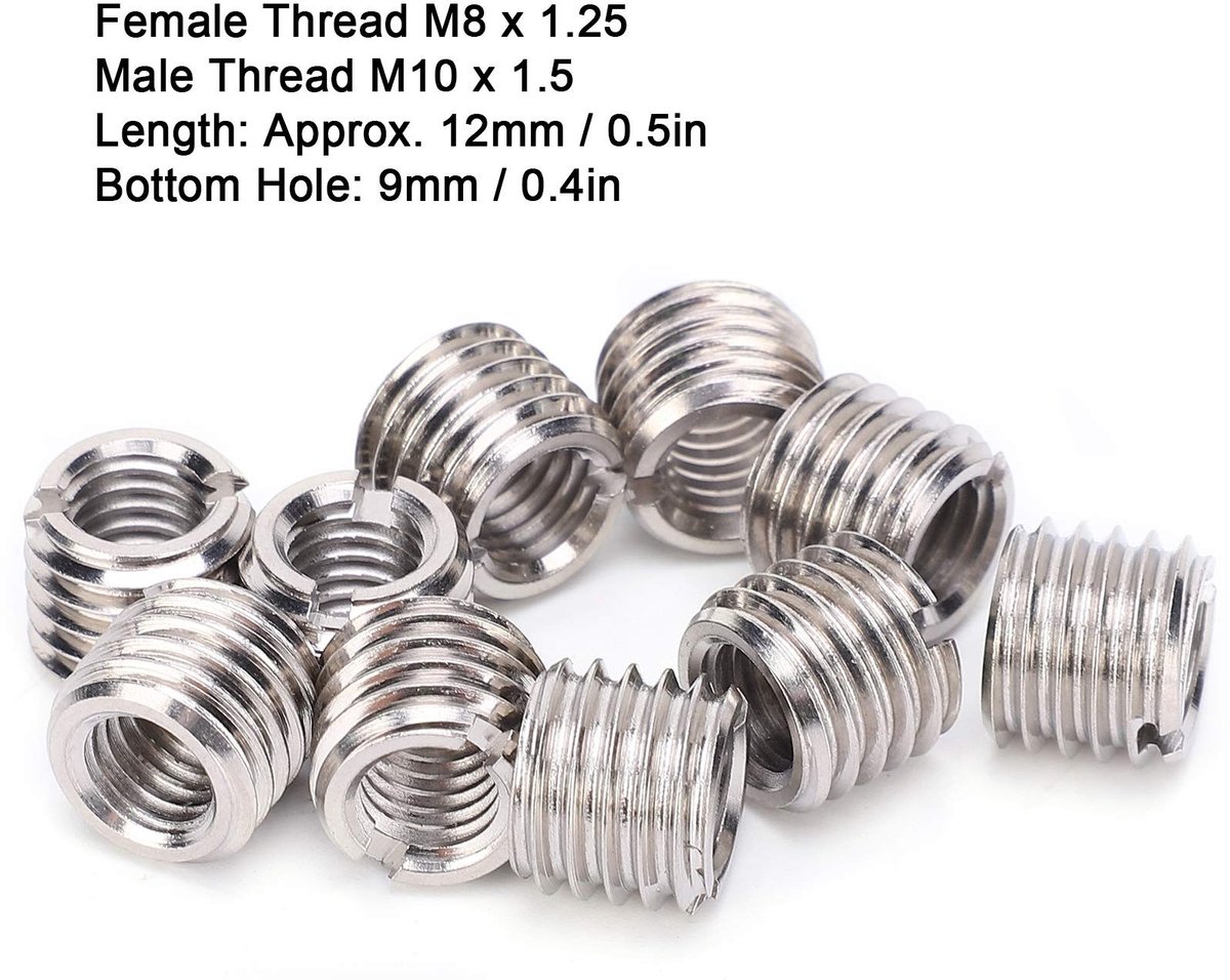 Dailygoods- Schroefdraadinzetstukken M8 x 1,25 binnendraad - M10 x 1,5 buitendraad - Roestvrij Staal 303 - Draadreparatie - Lengte 12 mm - Onderste Gat 9 mm - Inzetmoeren
