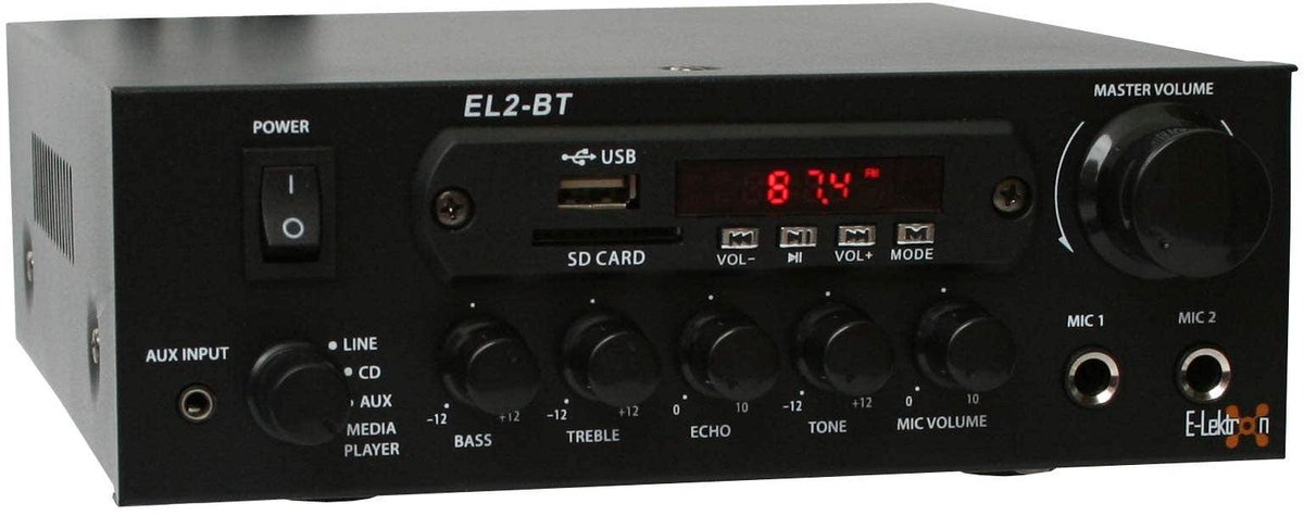 E-Lektron EL2-BT - Stereo versterker - Met Bluetooth en karaokefunctie - USB en SD MP3-speler