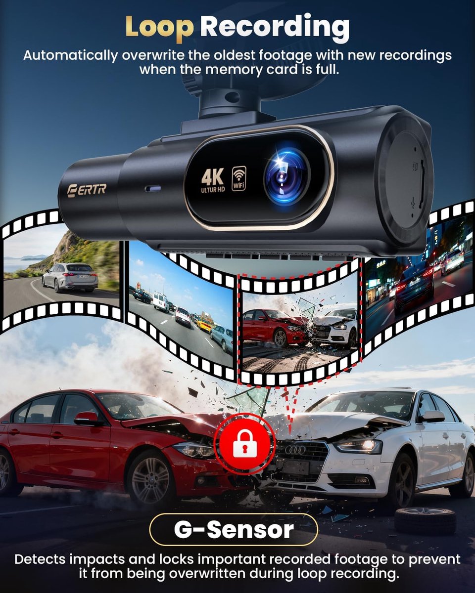 Dashcam Auto 4K 3 Kanaals - Voor, Achter en Interieur Camera - WiFi App - Nachtzicht - 64GB – foto 3