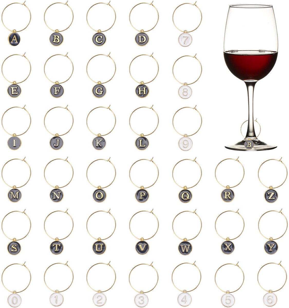Dailygoods - Dailygoody - Wijnglas Charms - 46 Stuks - Metalen Letters - Perfect voor Feesten - Decoratieve Wijn Tags - Cocktail en Champagne Party