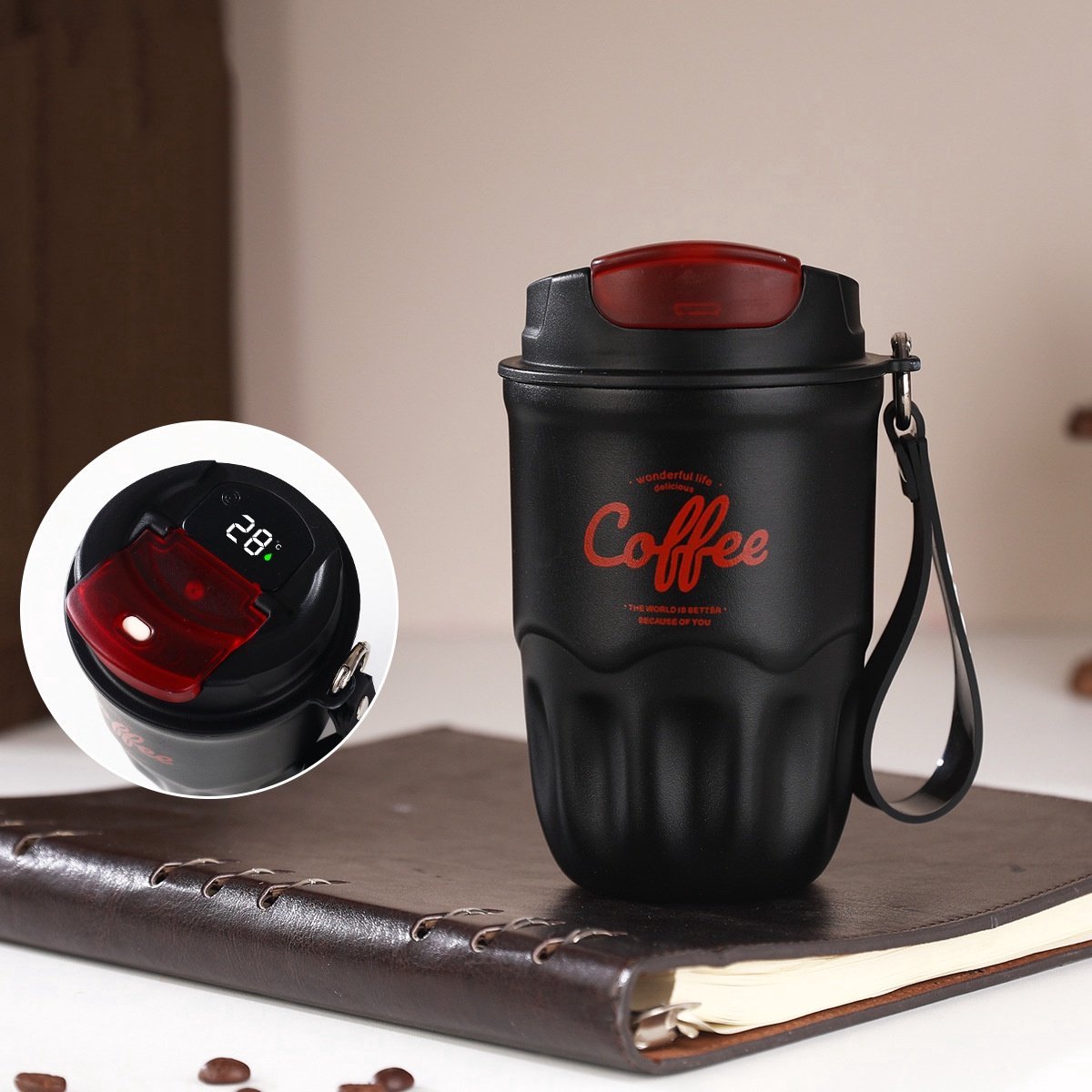 Intelligente, temperatuurgecontroleerde roestvrijstalen thermosbeker, koffiebeker, geïsoleerde roestvrijstalen reiskoffiebeker (zwart)