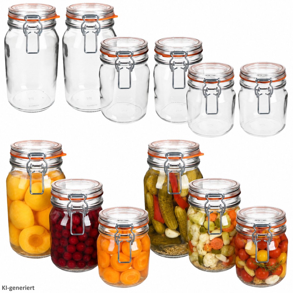 12-delige set ODIN-inmaakpotten met beugelsluiting: 2x 0,75 l, 2x 1 l en 2x 1,5 l