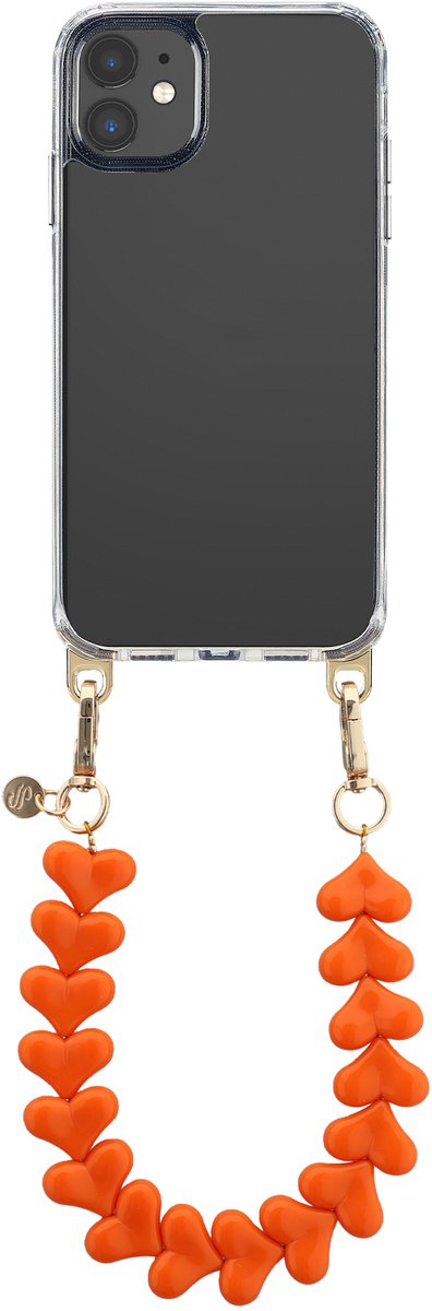 Selencia Transparant Hoesje met haakjes + Hartjes Polskoord - Geschikt voor Apple iPhone 11 - Oranje