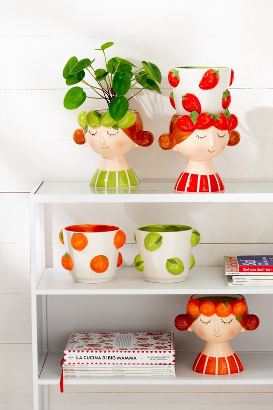 J-Line bloempot 2 Delen Aardbei Meisje Dolomiet - keramiek - mix - Ø 17.5 cm